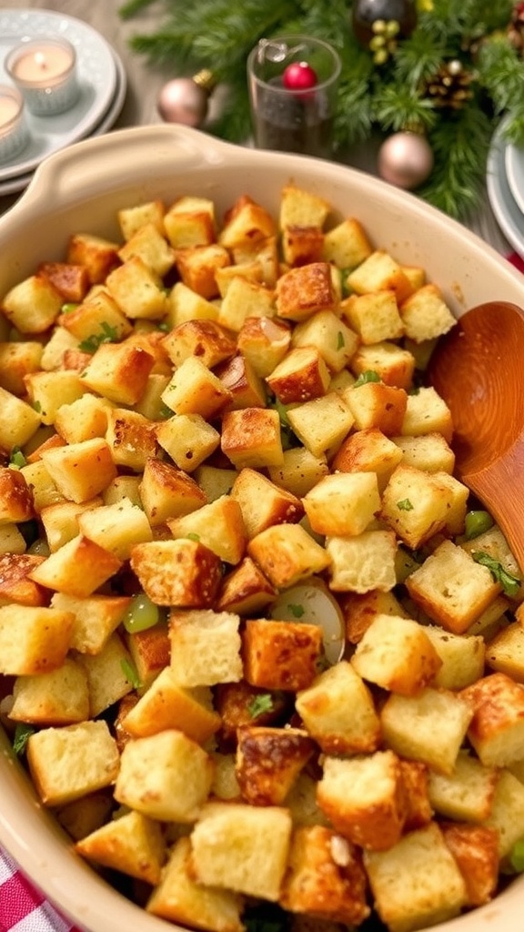Savory Gluten-Free Bread Stuffing Recipe A dish of gluten-free bread stuffing with herbs and vegetables, served in a rustic baking dish.